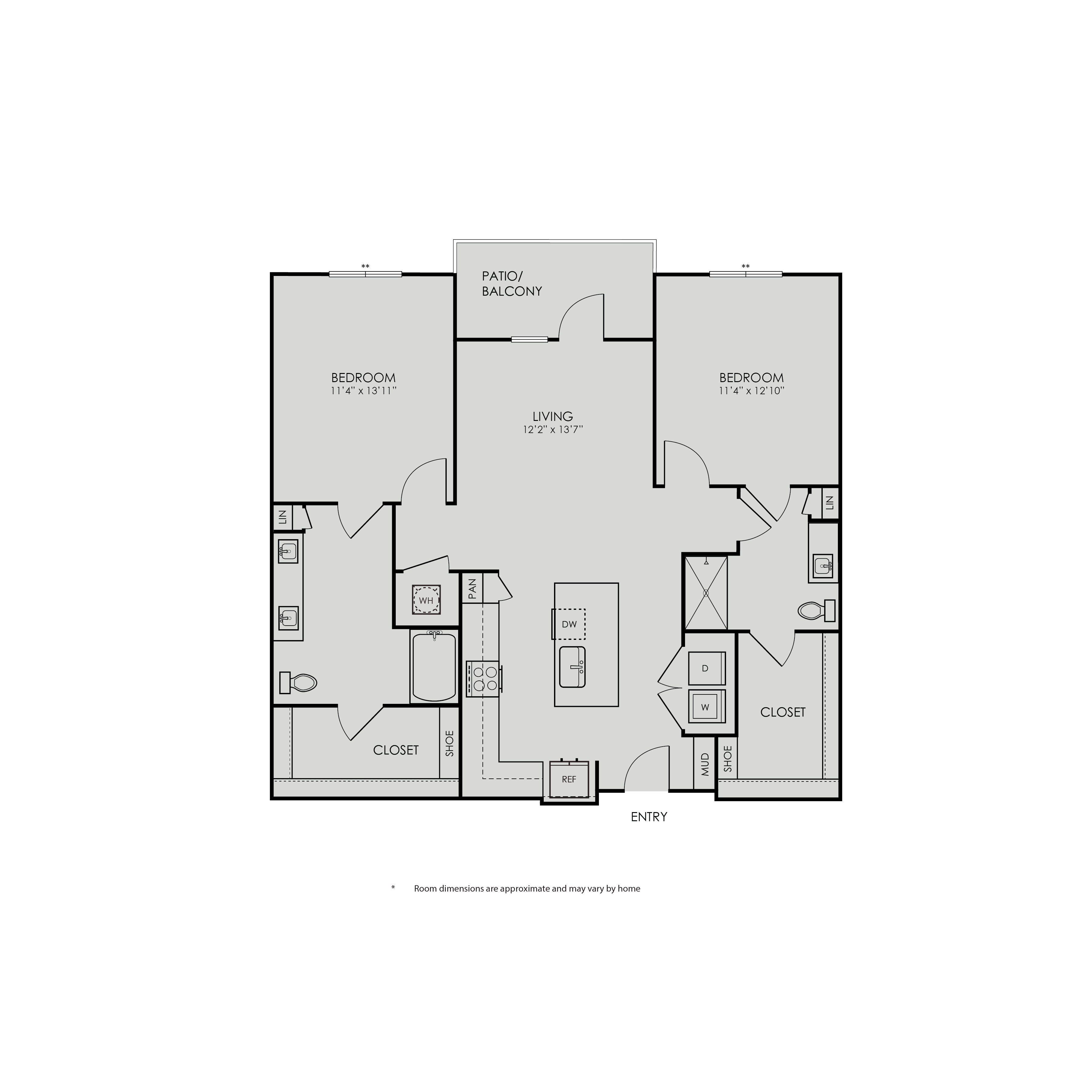 Floor plan for 2 beds, 2 baths, 1138 sqft